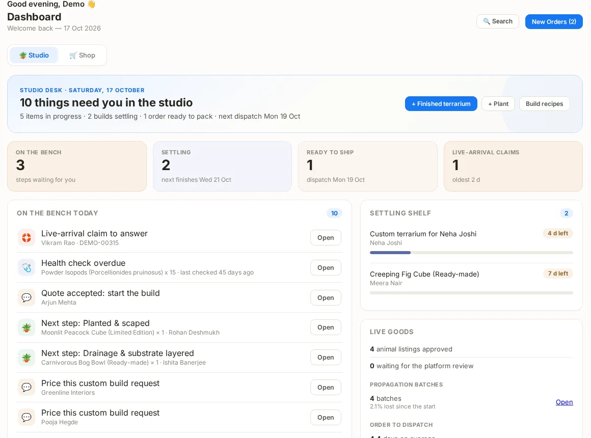 The Studio desk dashboard showing build steps waiting, jars settling, orders ready to ship and live-arrival claims